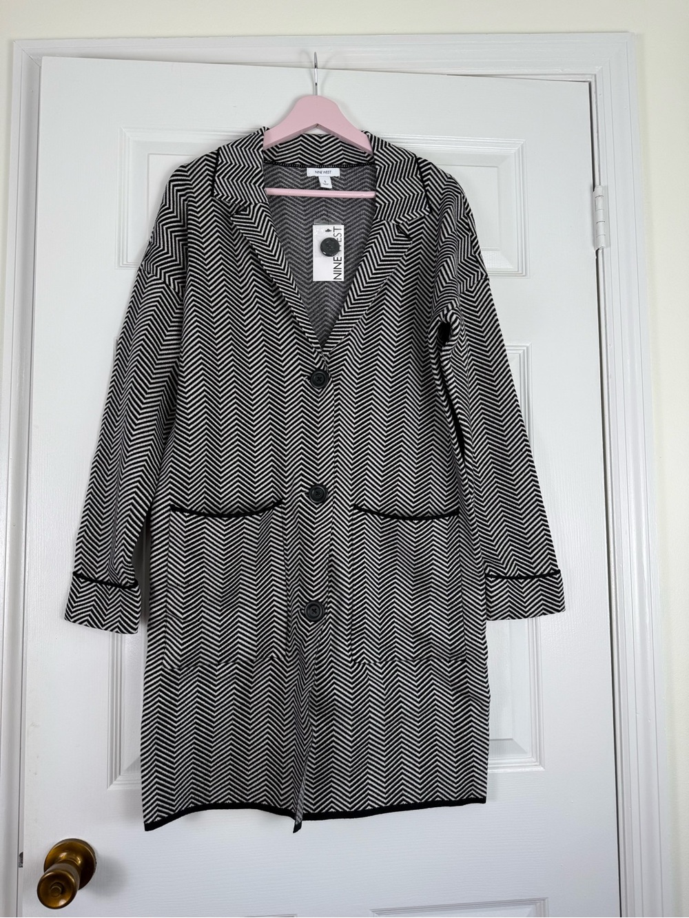 Nine West Black & White Knit Herringbone Long Coat